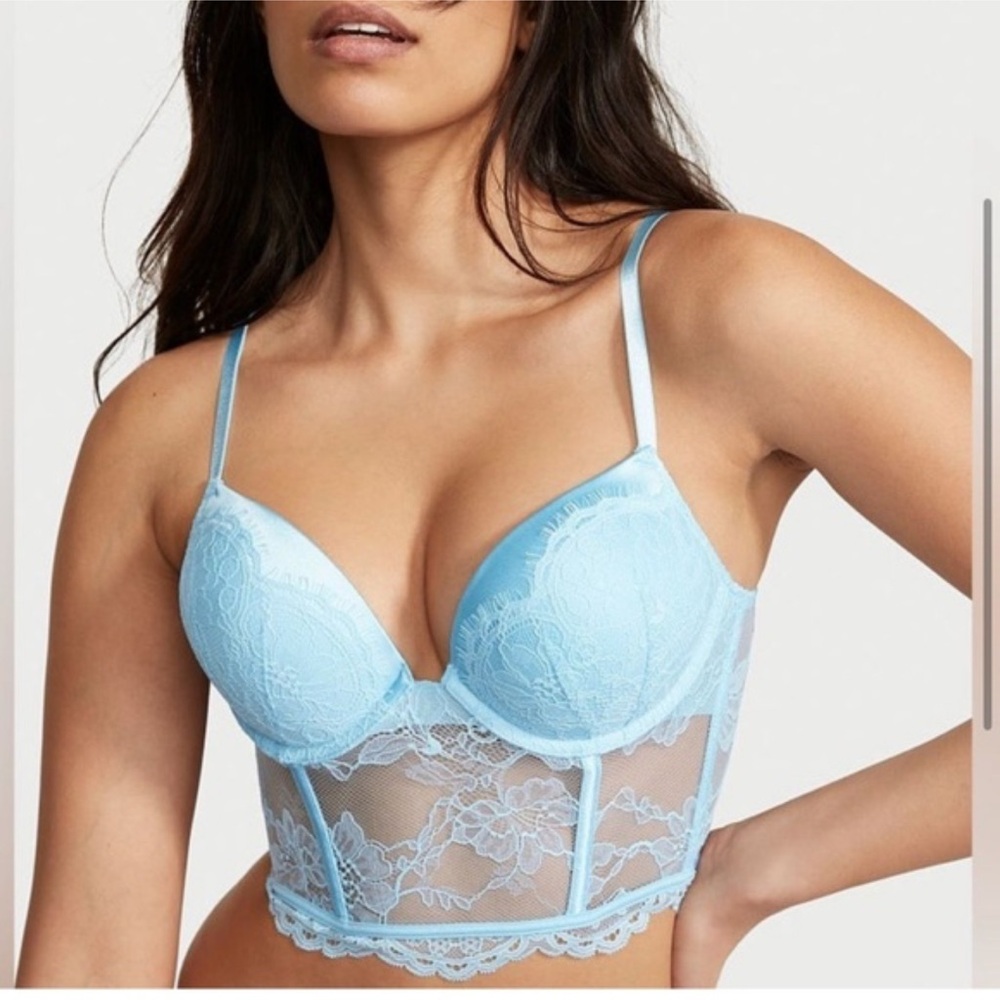 Victoria's Secret Very Sexy Bombshell Push Up Sky Blue Lace Bustier Corset Bra